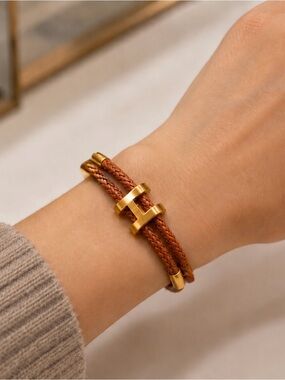 Brown Braided Cord H Inspired Bracelet Gold Hardware